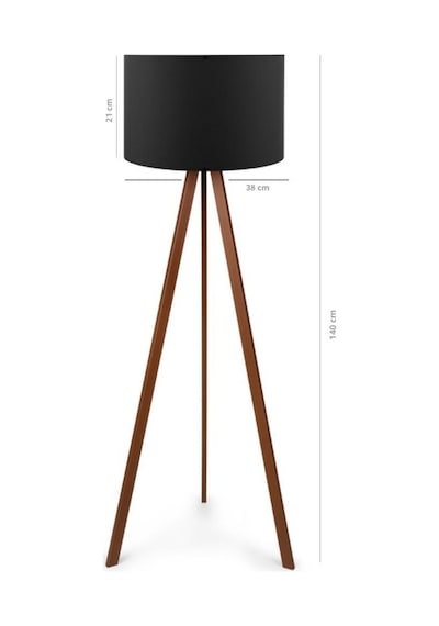 Pratik Ahşap Üç Ayaklı Tripod Lambader Siyah Kumaş Başlık Salon Oturma Odası Köşe Lambası Siyah