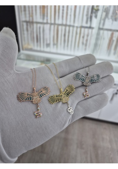 925 Ayar Papatya Silver 3'lü Yılan Figürlü Baykuş Kolye Set.tabiat Kolye.rose.gold.rodaj Gümüş