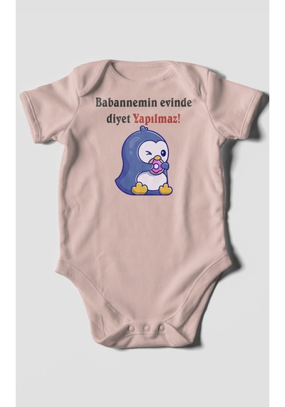 Babaannemin Evinde Diyet Yapılmaz Baskılı Bebek Zıbını Çıtçıtlı Body %100 Pamuk Kısa Kol Pastel Pembe