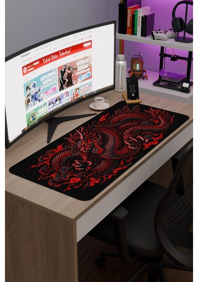 Ejderha Kırmızı V1 90x40 Xxl Gaming Kauçuk Kaymaz Taban Mouse Pad Fare Altlığı