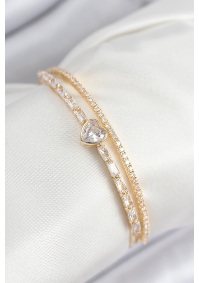 Pirinç Zirkon Taşlı Kalp Model Gold Renk Kadın Bileklik Çelik 86396865