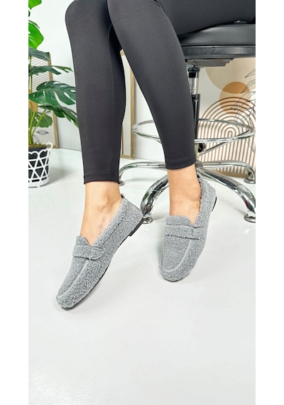 Günlük Kadın Loafer Peluş Astarlı Oval Burunlu Alçak Desenli Tabanlı Ayakkabı 375 Gri
