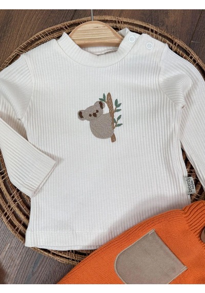 Tiwitibaby Triko Çapraz Askılı Salopet Koala Figürlü Esnek Kaşkorse Badi Bereli Unisex Bebek Takım Turuncu