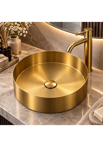 Alfas Aura Round 40 Cm Pvd Mat Gold Tezgah Üstü Çanak Lavabo 304 Paslanmaz Çelik