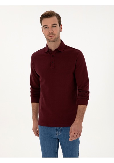 Bordo Regular Fit %100 Pamuk 3 İplik Polo Yaka Sweatshirt Kırmızı