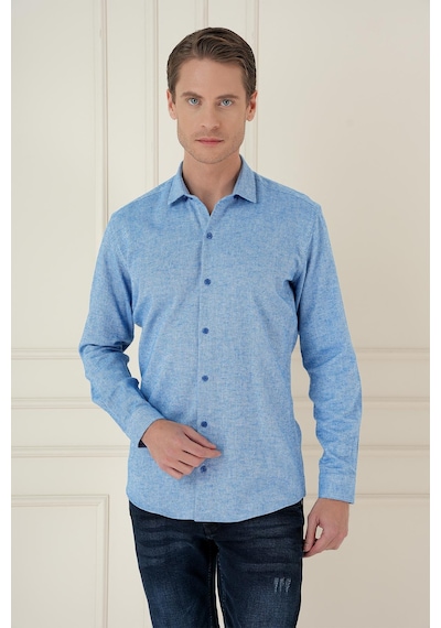 Efor Slim Fit Dokulu %100 Pamuk Mavi Gömlek G 1584 Mavi