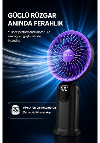 Exenar - Siyah - Şarjlı El Fanı 5 Kademeli Telefon Standlı Mini Vantilatör 300mah 180 Katlanabilir El Tipi Fan