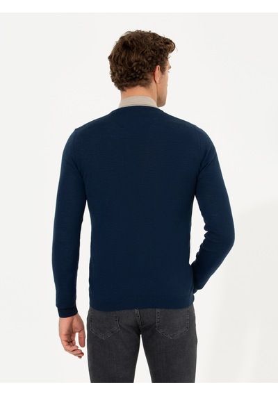 Cacharel Lacivert Slim Fit V Yaka Basic Triko Kazak