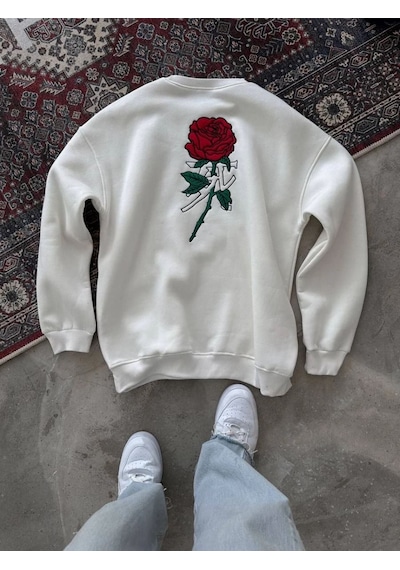 Kadın 3 İplik Pamuklu Bisiklet Yaka Gül Baskılı Sweatshirt - Beyazbeyaz Beyaz
