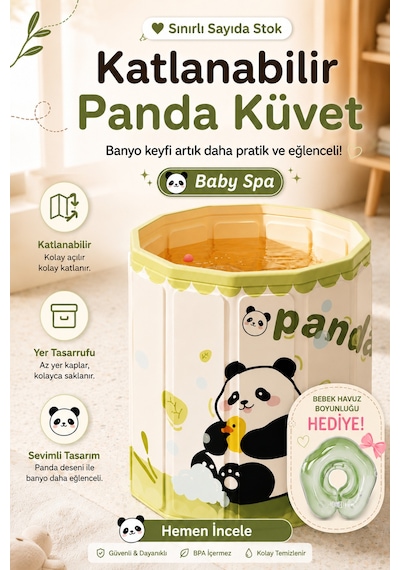 Baby Spa Panda Desenli Portatif Bebek Ve Çocuk Küveti - Katlanabilir Oyun Havuzu + Boyun Simidi