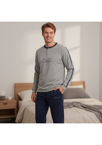 Bonbon Erkek Pamuklu Bohçalık Ve Çeyizlik Gri Melanj - Lacivert Renk Pijama Takımı Al003 V2