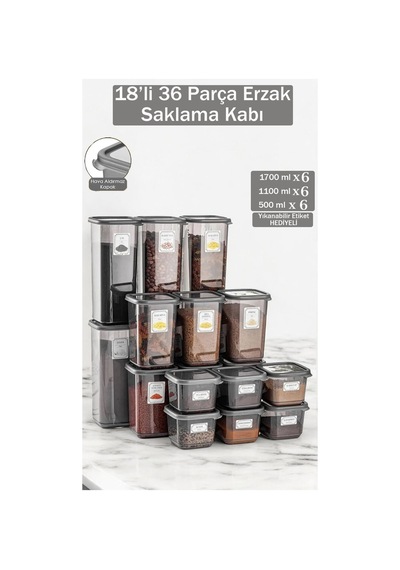 Opal 18 Parça Kare Büyük Boy Bpa İçermeyen Erzak Ve Bakliyat Saklama Kabı 6 1,7-1,1-0,5 Lt Gri - 692809116 Gri