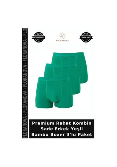 Floranova Premium Rahat Kombin Sade Erkek Yeşil Bambu Boxer 3'lü Paket