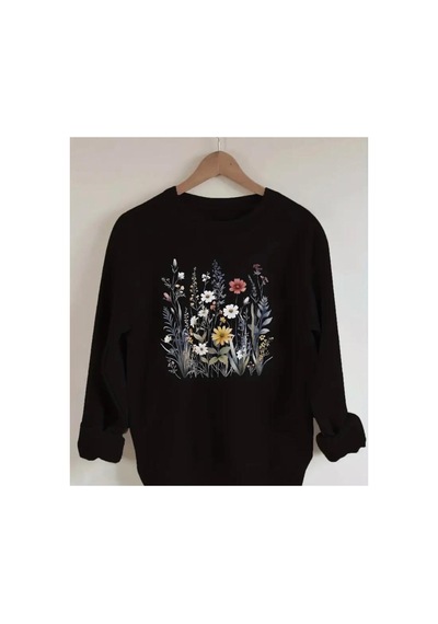 Herkesemoda Çiçekler Baskılıı Bisiklet Yaka İçi Polarlı Sweatshirt Siyah
