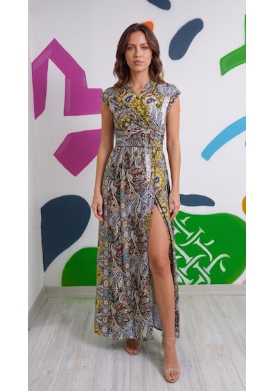 Alyn Wear Kadın Omuzlardan Açık Yakadan Çapraz Geçme Detaylı Yırtmaçlı Desenli Uzun Süprem Elbise Sarı Alyn Wear Kadın Omuzlardan Açık Yakadan Çapraz Geçme Detaylı Yırtmaçlı Desenli Uzun Süprem Elbise Sarı