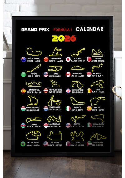 Grand Prix Formula 1 Calendar Siyah Ahşap Çerçeveli Poster, Dekoratif Araba Duvar Tablosu