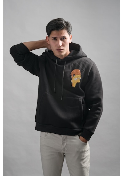 Regular Fit Kapşonlu 3 İplik Kalın İçi Polarlı Kangru Cepli Baskılı Erkek Sweatshirt 001