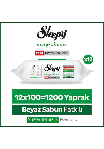Sleepy Easy Clean Premium Beyaz Sabun Katkılı Yüzey Temizlik Havlusu Mendili 12x100 (1200 Yaprak)