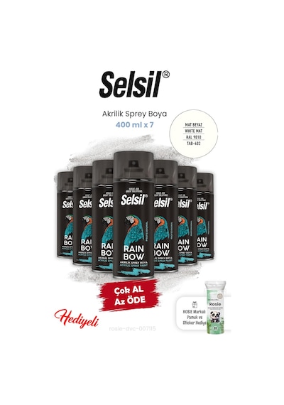 Selsil 400 Ml X 7, Mat Beyaz Akrilik Sprey Boya Ve Rosie Mat Beyaz - Ral 9010