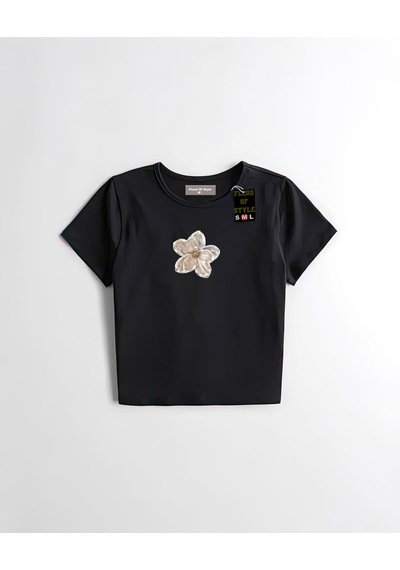 Flood Of Style Siyah Babby Tee Bej Çiçek Özel Tasarım