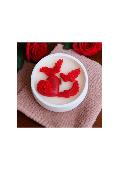 Aşk Temalı El Yapımı Kalp Mum Kanatlı Gül Süslemeli Romantik Dekor Beyaz