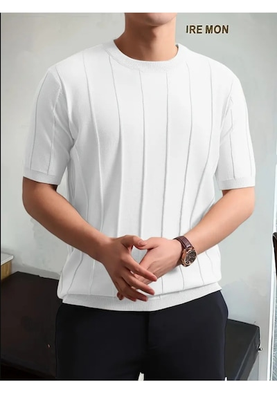 Erkek Slim Dar Bisiklet Yaka Düz Triko T-shirt Beyaz