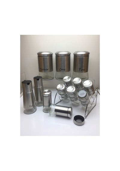 13 Parça Cam Yağlık Sirkelik Baharatlık Baharat Takımı Seti - Inox İnox