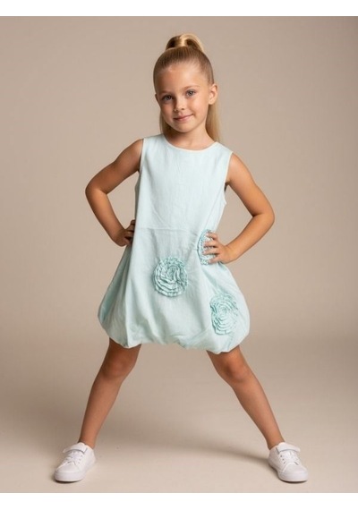 Zekids Kız Çocuk Çiçek Aplikeli Balon Form Elbise-17239 Mavi