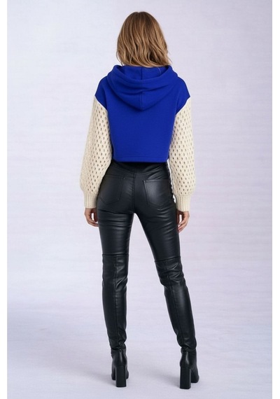 Mamayaga Kadın Kolları Triko File Örgü Şık Tasarım Crop Boy Kapüşonlu Sweatshirt Design Kazak Mavi