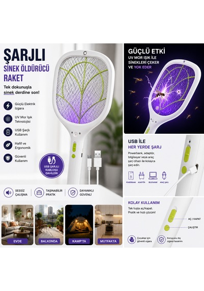 Şarjlı Sinek Öldürücü Raket 5w Mor Işık Uv Sinek Kovucu, Masaüstü Standlı, Usb Şarjlı Elektrikli Böcek Öldürücü 001