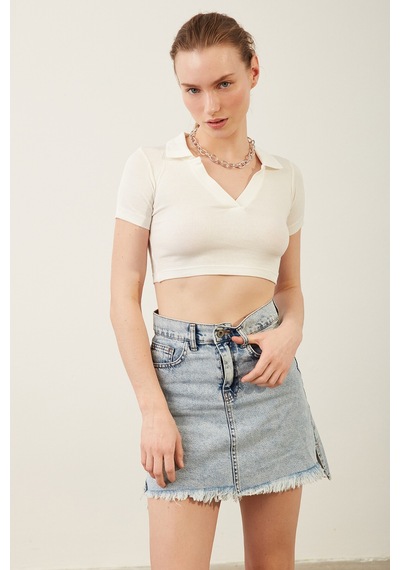 Park Karon Kadın Beyaz Polo Yaka Basic Crop Body BEYAZ