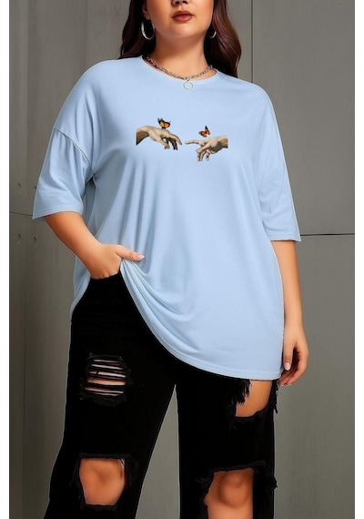Benroma Büyük Beden Özgürlük Baskılı Unisex Tişört Bebe Mavisi
