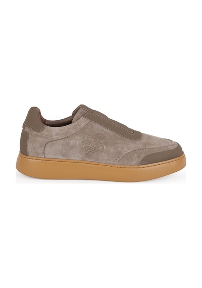 Libero Erkek Sneaker Ayakkabı Hakiki Süet Deri Slip-on Bağcıksız Monogram Logolu Hafif Kalın Eva Taban L5966 Vizon