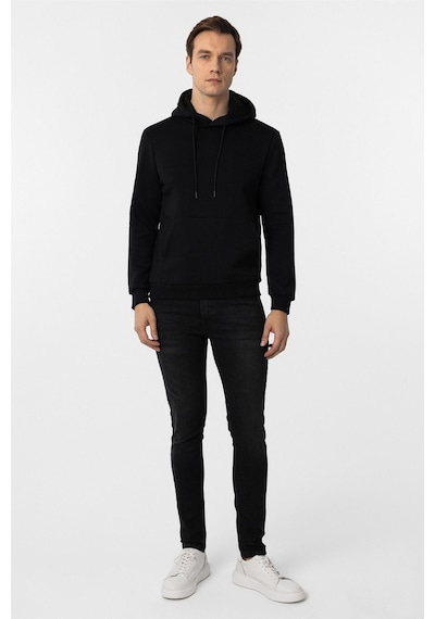 Süvari Siyah Regular Düz Kapüşonlu Yaka Sweatshirt