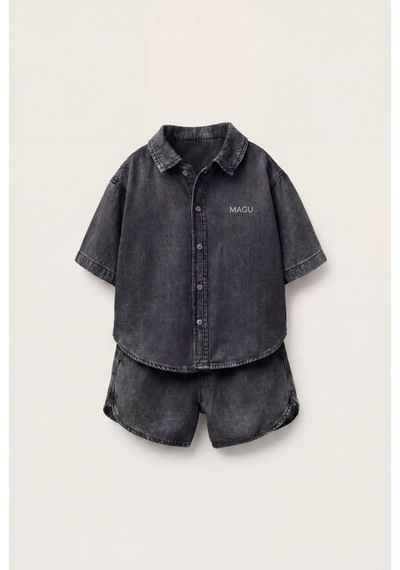 Magu Çocuk Pamuklu Füme Yıkamalı Denim Oversize Gömlek Şort Takım Antrasit