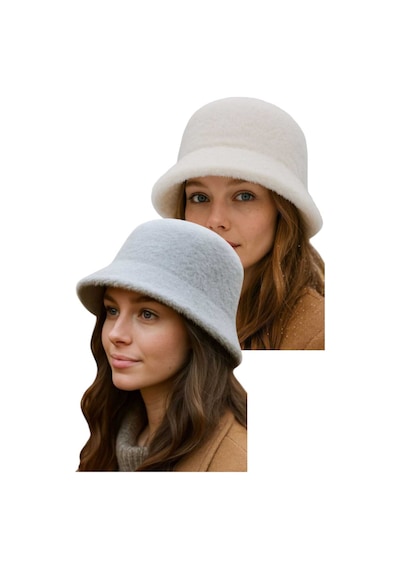 Uniquetrenders Kadın Soft Peluş Ayarlanabilir İpli Bucket Kova Şapka 2 Li Set Beyaz - Gri