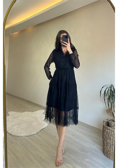 Neşeli Butik Kadın Kruvaze Yaka Dantelli Tül Elbise Nm010 Siyah