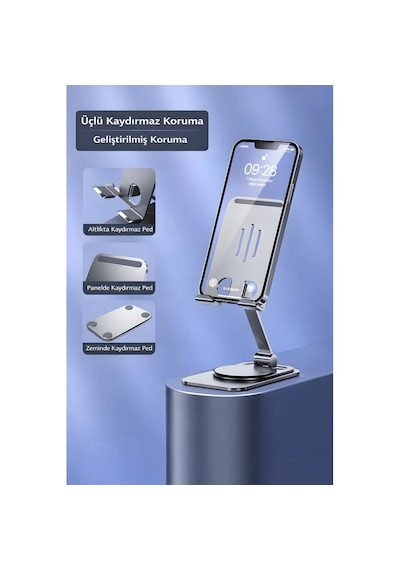 360 Döner Metal Telefon Standı Katlanabilir Ayarlanabilir Masaüstü Telefon & Tablet Tutucu Kaymaz Tabanlı Alüminyum Stand Demir Gri