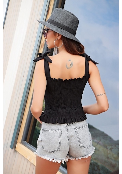 Aqe Fashion Omuz Bağlamalı Gipeli Kolsuz Siyah-Siyah