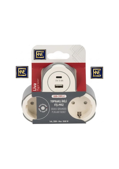 Enfe Topraklı İkili Fiş Priz 1xusb + 1xtypec Golyat Tipi Masaüstü Gömmeli Şık Tasarım Priz Çoğaltıcı 0