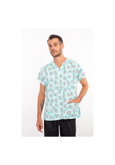 Sevimli Tavşan Temalı Unisex Likralı Hemşire Forması Takımı Scrubs Açık Mavi