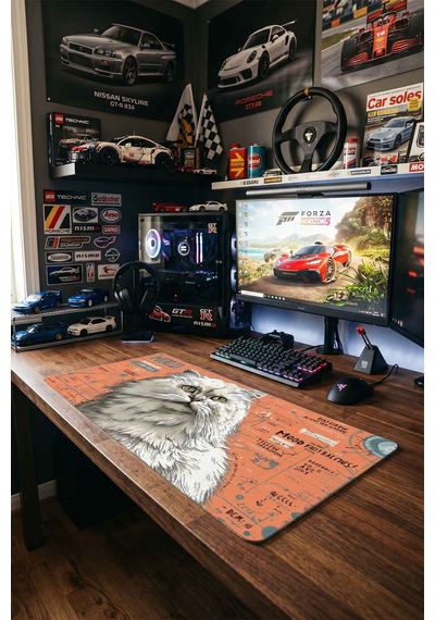 Beyaz İran Kedisi Turuncu Blueprint 40x90 Cm Oyuncu Mousepad Kaymaz Taban Büyük Boy Siyah