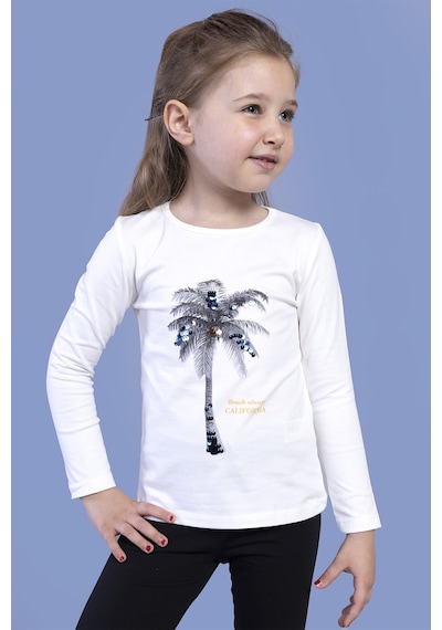 Toontoy Kids Toontoy Kız Çocuk Palmiye Baskılı Pul İşlemeli Tişört Ekru