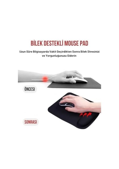 Ergosoft Kare Bilek Destekli Konfor Kaymaz Ergonomik Mouse Pad Siyah Siyah