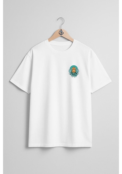 Bahriyeli Collection Oversize Dalgıç Octopus Diving With A Helmet Cep Ve Sırt Tasarımlı Unisex T-shirt Beyaz
