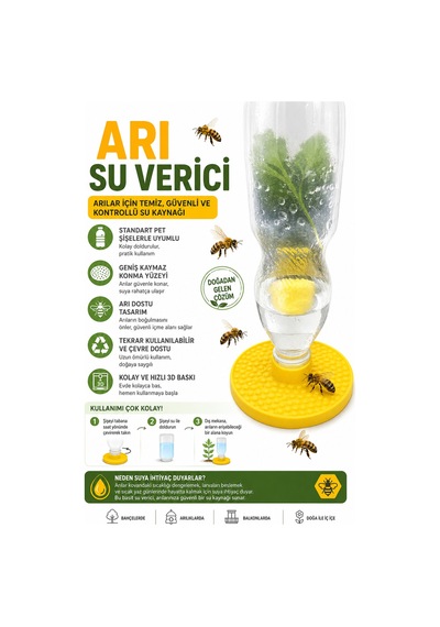 Arı Suluğu Pet Şişe Uyumlu Güvenli Arı Su Verici - Kaymaz Konma Yüzeyi - Sari Sarı