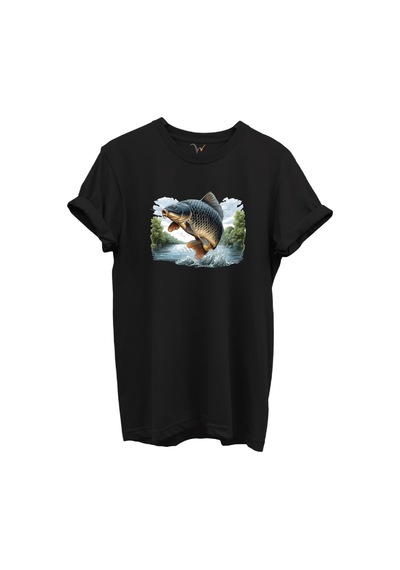 Sıçrayan Sazan Balığı Desenli %100 Pamuk Regular Fit Unisex T-shirt Siyah