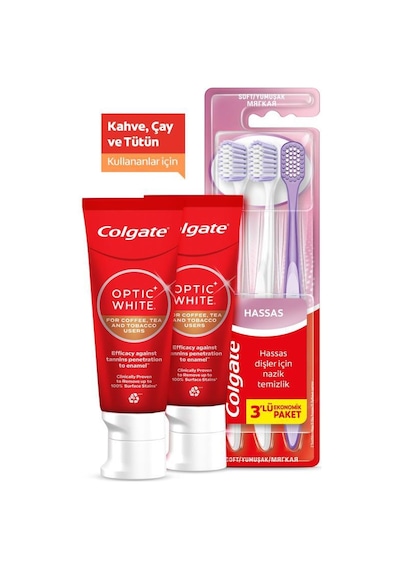 Colgate Optic White Kahve, Çay Ve Tütün Kullananlar İçin 50 Ml 2'li Diş Macunu, Gentle Clean 2+1 Diş Fırçası