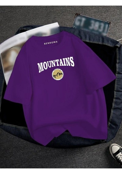 Oversıze Mountaıns Baskılı Unısex Tisort Baskılı Mor