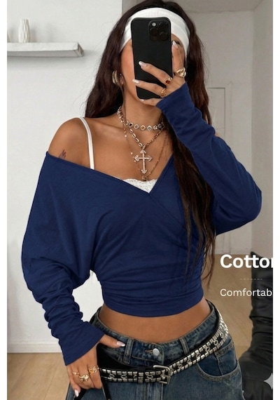 Kadın Lacivert Kruvaze Yaka Uzun Kollu Crop Bluz Lacivert